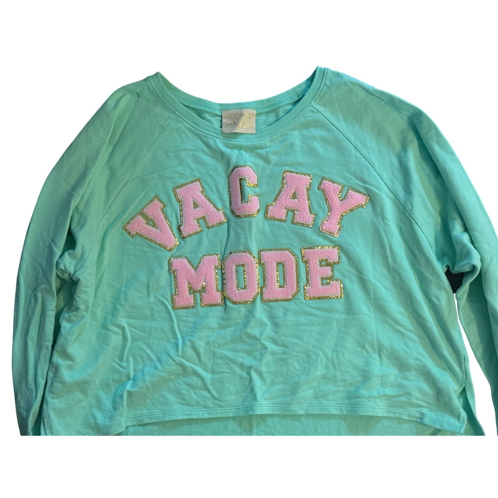 Judith March Vacay Mode Mint Green Chenille Patch Cropped Sweatshirt XL